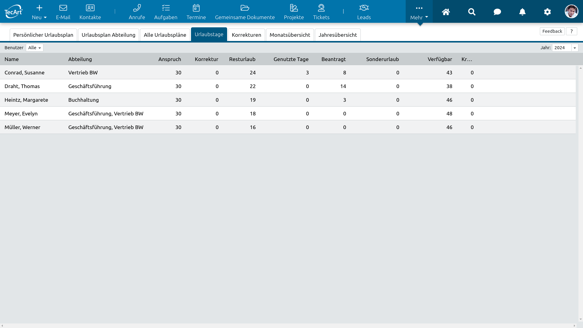 Übersicht Urlaubstage